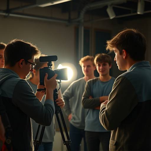 Foto hinter den Kulissen eines Videodrehs, zeigt Studenten, die eine Kamera bedienen und Licht einstellen.